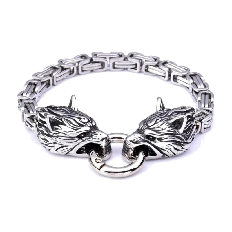 Wolfskopf Armband mit Byzantinischer Kette, Edelstahl