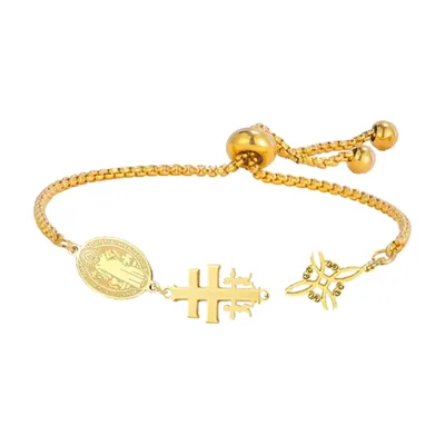 Herrenarmband mit St. Benedikt und Caravaca-Kreuz, Edelstahl