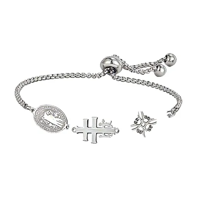 Armband mit St. Benedikt, Caravaca-Kreuz und Hexenknoten, Edelstahl