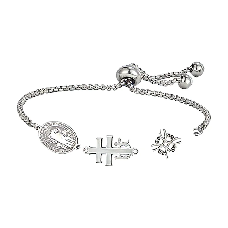 Bracciale con Croce di Caravaca, San Benedetto e Nodo della Strega, Acciaio Inox