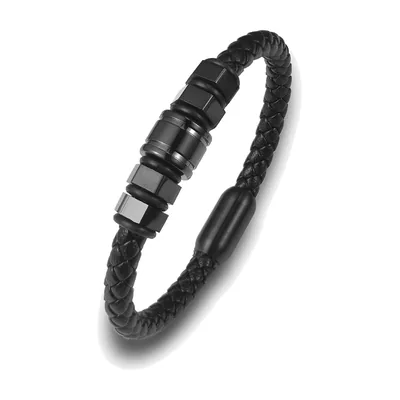 Bracciale in Pelle Intrecciata con Dettaglio Dado Esagonale, Acciaio Inossidabile