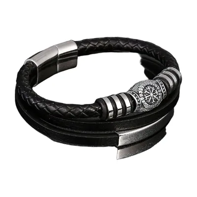 Pulsera Vikinga de Cuero Trenzado con Runas, Acero Inoxidable