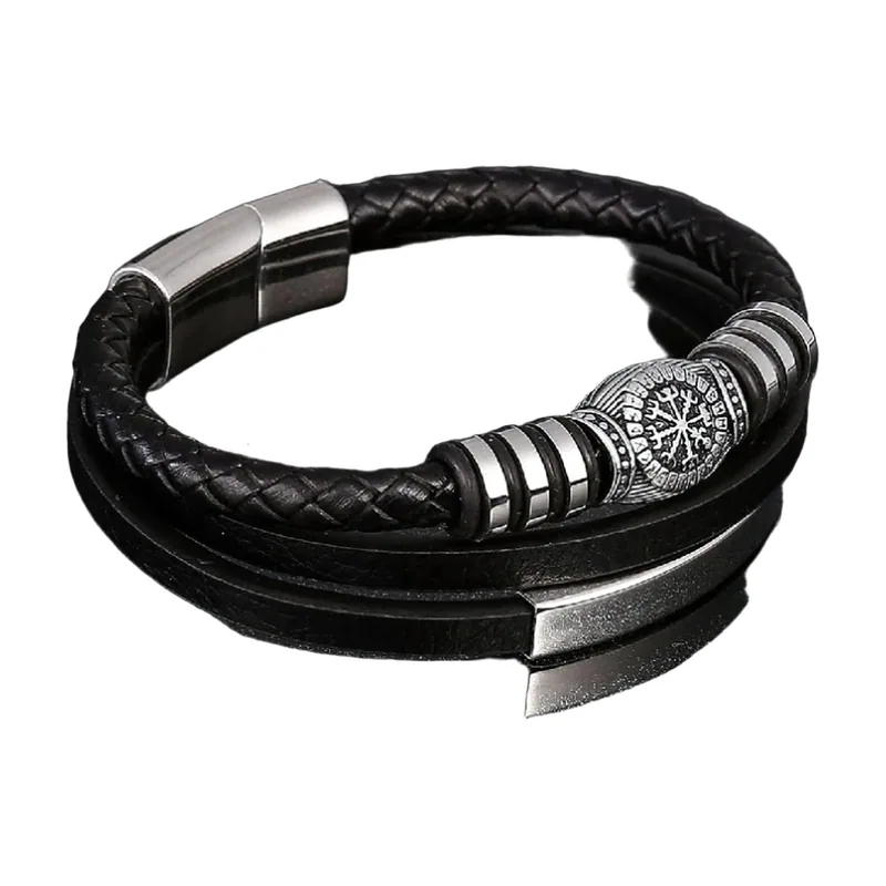 Wikinger Runen Armband aus geflochtenem Leder, Edelstahl
