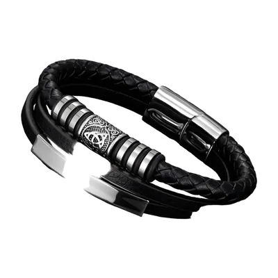 Pulsera de cuero trenzado con cuenta de runas vikingas, acero inoxidable