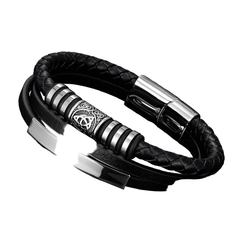 Geflochtenes Lederarmband mit Wikinger-Runenperle, Edelstahl