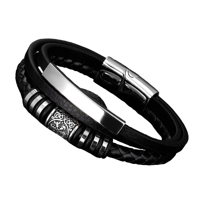Wikinger Lederarmband geflochten mit Runen, Edelstahl