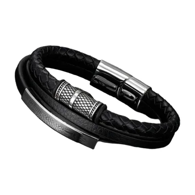 Viking Braided Leather Bracelet with Nordic Runes, Stainless Steel