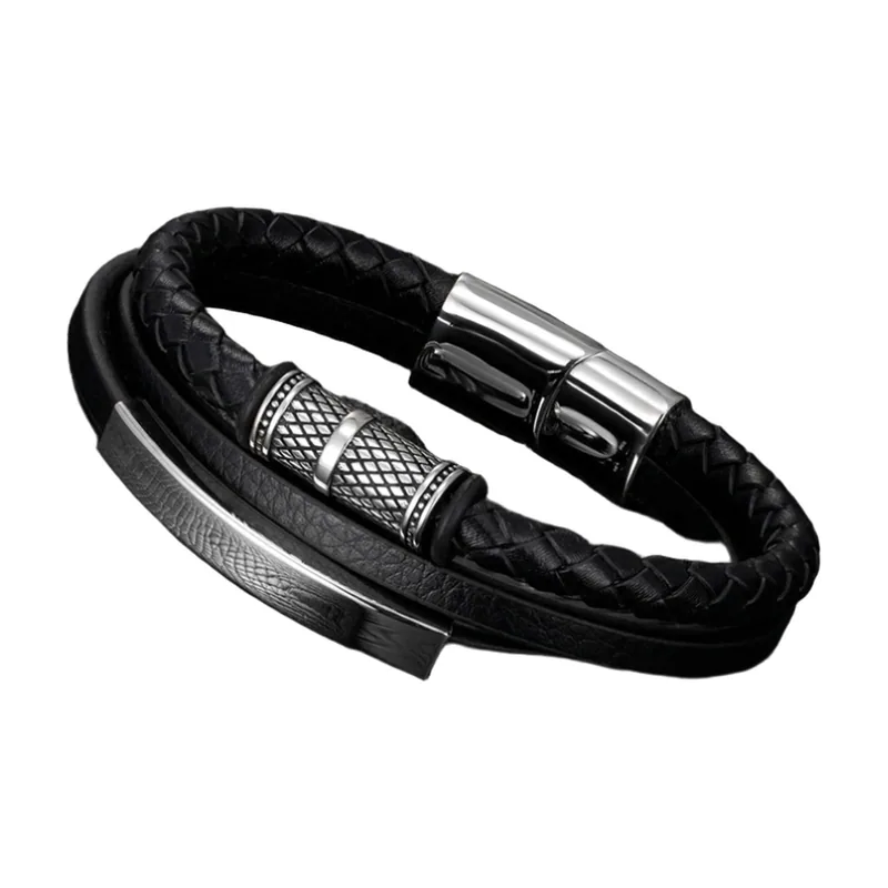 Bracciale in pelle intrecciata stile Viking con Rune Nordiche, Acciaio Inox