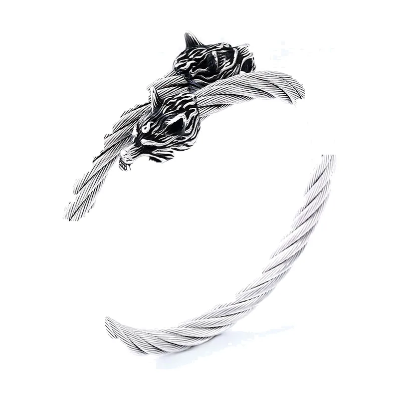 Viking Wolf Head Bangle, 316L Stainless Steel Twisted Rope Bracelet