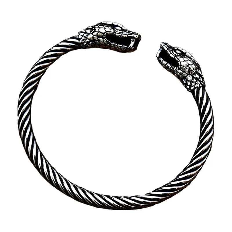 Viking Wolf Head Bracelet, 316L Stainless Steel Twisted Rope Bangle