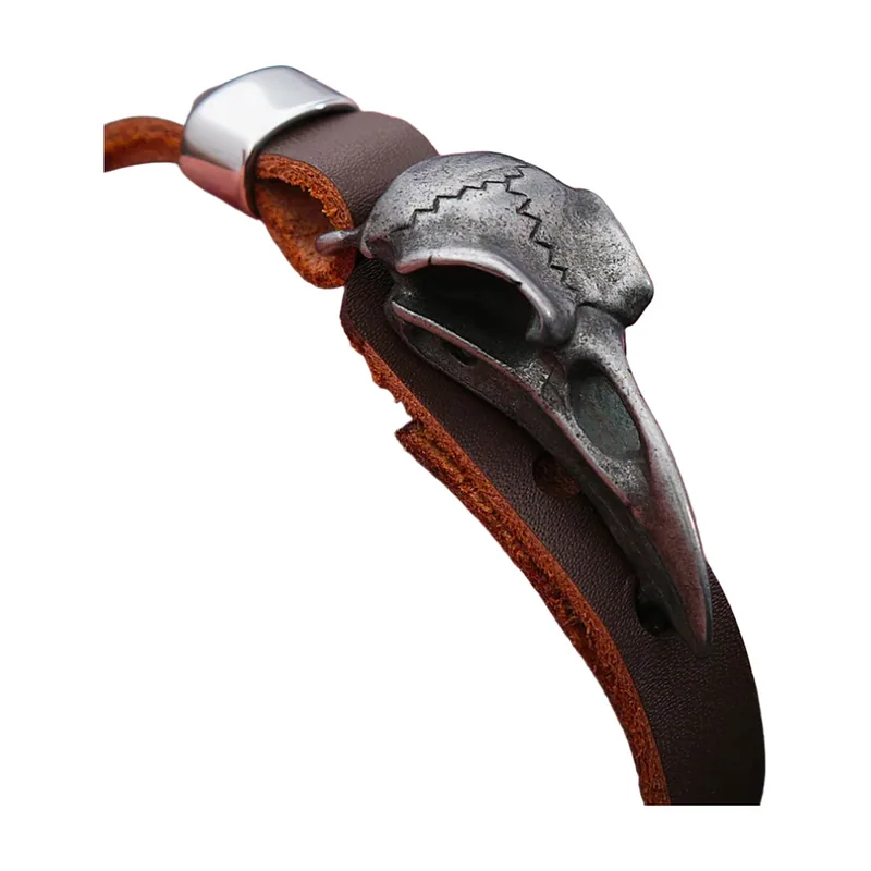 Wikinger Rabenschädel Lederarmband, 316L Edelstahl