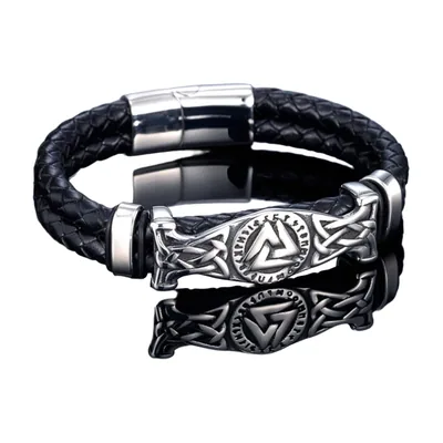 Bracelet en cuir tressé avec plaque Valknut, acier inoxydable