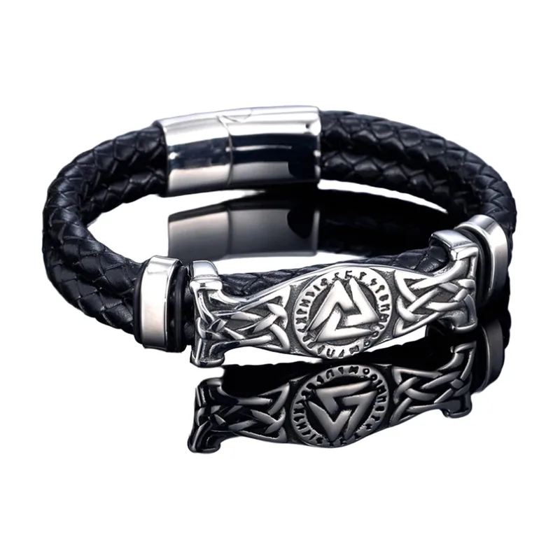 Geflochtenes Lederarmband mit Valknut-Platte, Edelstahl