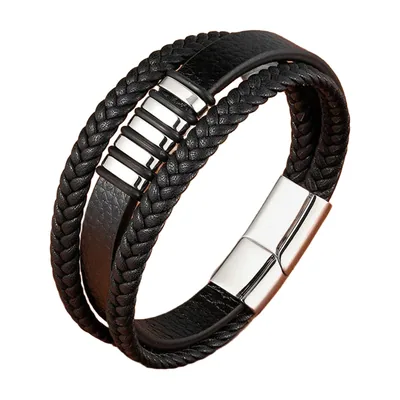 Bracciale in Pelle Intrecciata e Acciaio Inossidabile