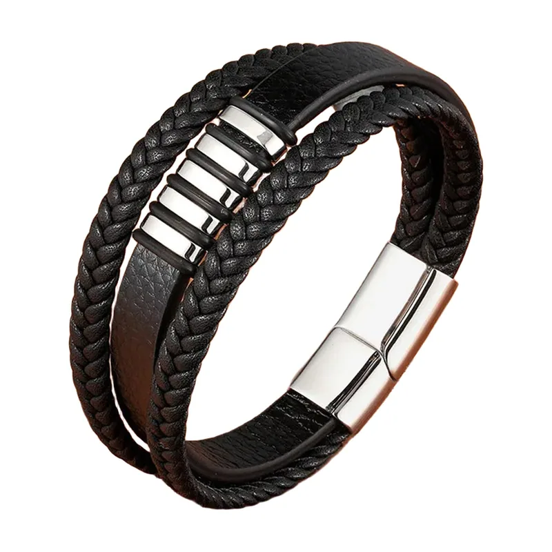 Bracciale in Pelle Intrecciata e Acciaio Inossidabile