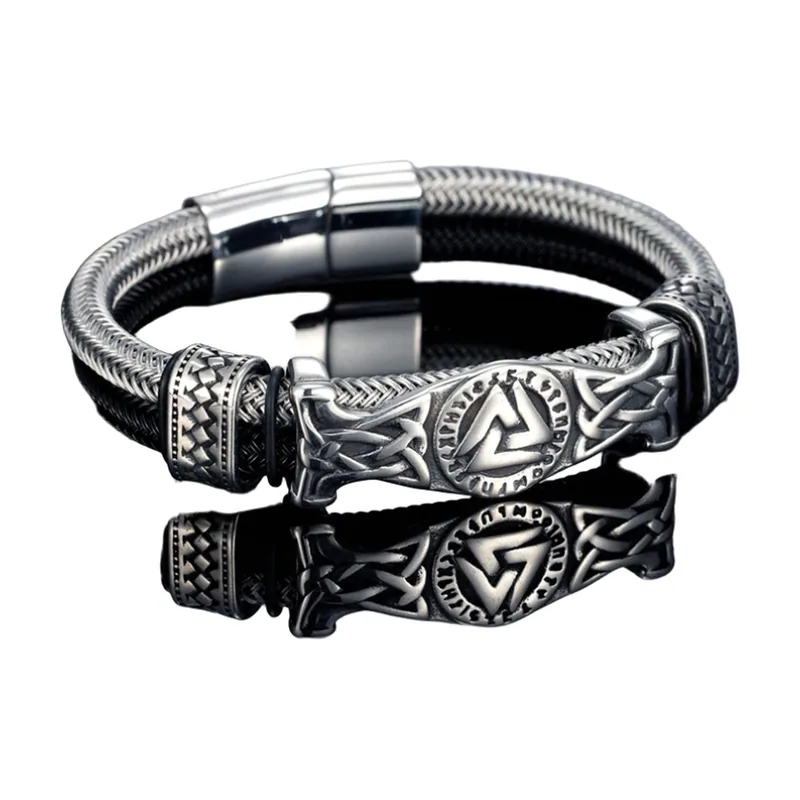 Bracelet Viking Valknut avec Cordon Tressé, Acier Inoxydable