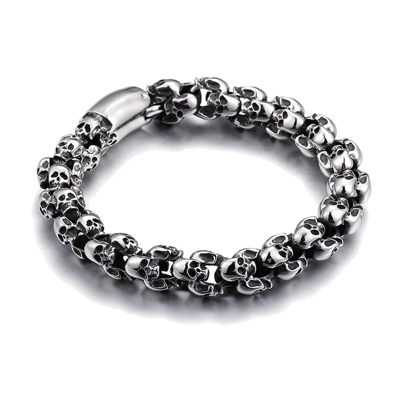 Pulsera de Eslabones con Calaveras, Acero Inoxidable 316L