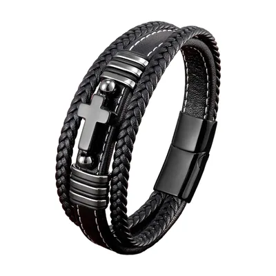 Bracelet Wrap en Cuir Tressé avec Croix, Acier Inoxydable