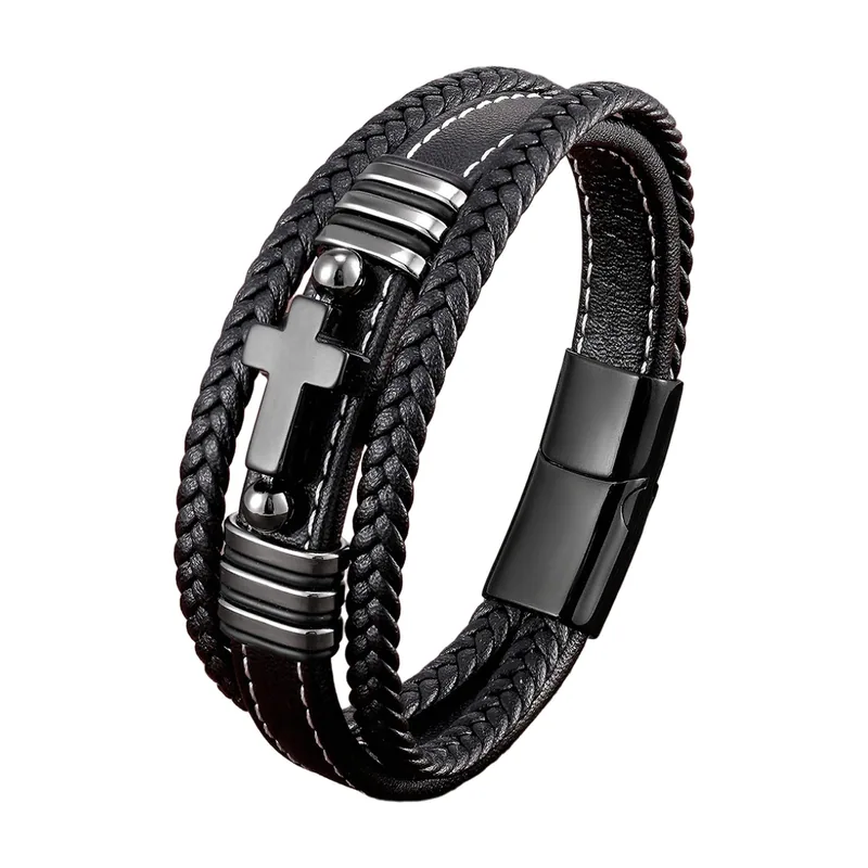 Bracelet Wrap en Cuir Tressé avec Croix, Acier Inoxydable