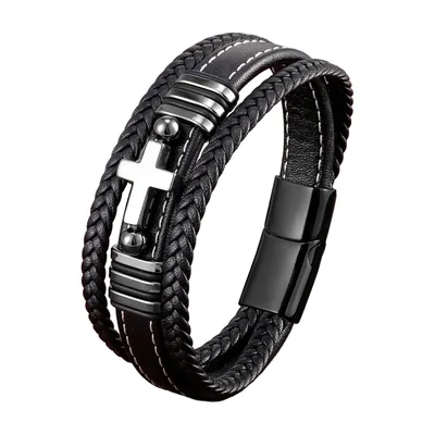 Bracelet Wrap en Cuir Tressé avec Croix, Acier Inoxydable