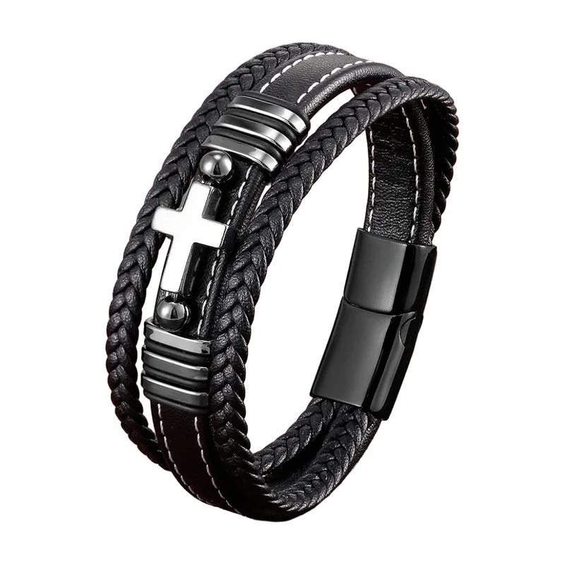 Braided Leather Wrap Bracelet with Cross Charm, Stainless Steel
