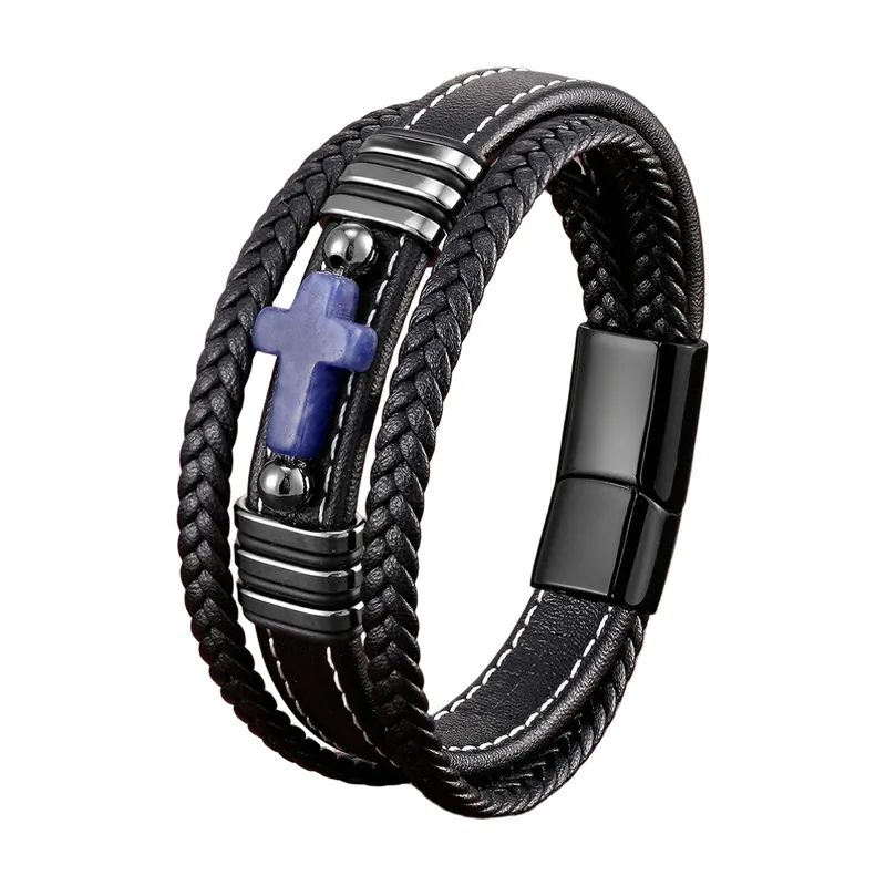 Bracciale in pelle intrecciata con croce in pietra blu, acciaio inossidabile