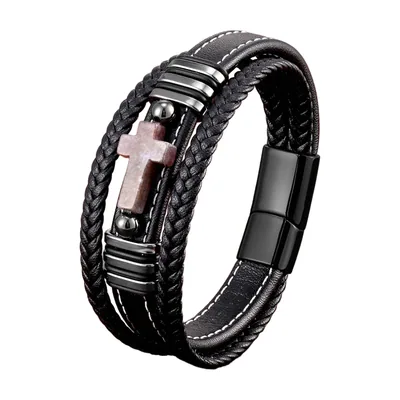 Bracelet en cuir tressé avec motif Croix, Acier Inoxydable