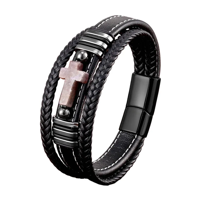 Geflochtenes Lederarmband mit Kreuz-Motiv, Edelstahl