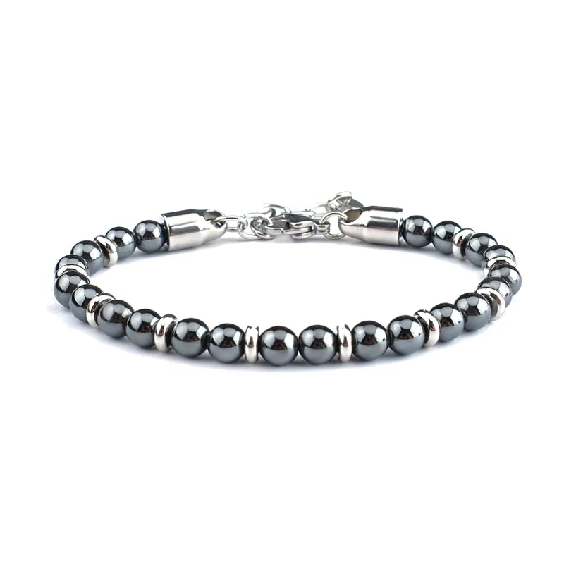 Bracelet en Perles d'Hématite et Acier Inoxydable