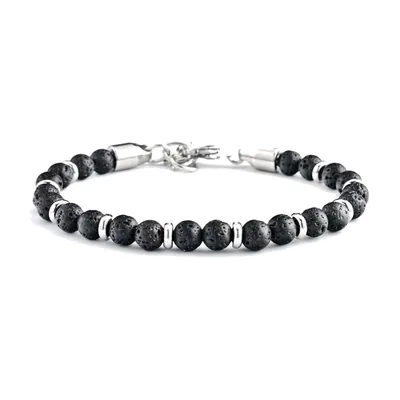 Bracciale a grani in pietra lavica nera, acciaio inossidabile 316L