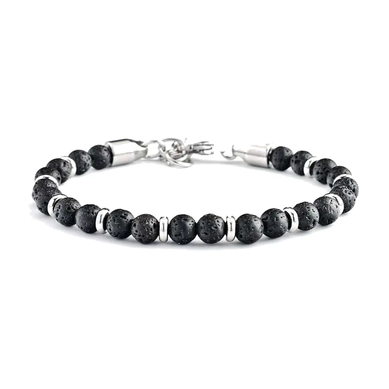 Perlenarmband aus schwarzem Lavastein, 316L Edelstahl