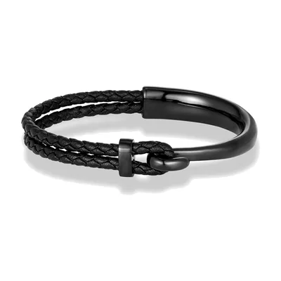 Bracelet en Cuir Tressé avec Fermoir en Acier Inoxydable, Noir