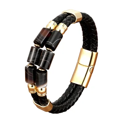 Bracciale in Pelle Intrecciata con Perle di Pietra Naturale, Acciaio Inossidabile