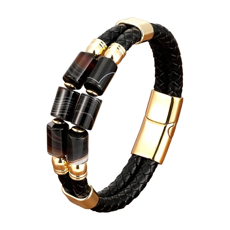 Geflochtenes Lederarmband mit Natursteinperlen, Edelstahl