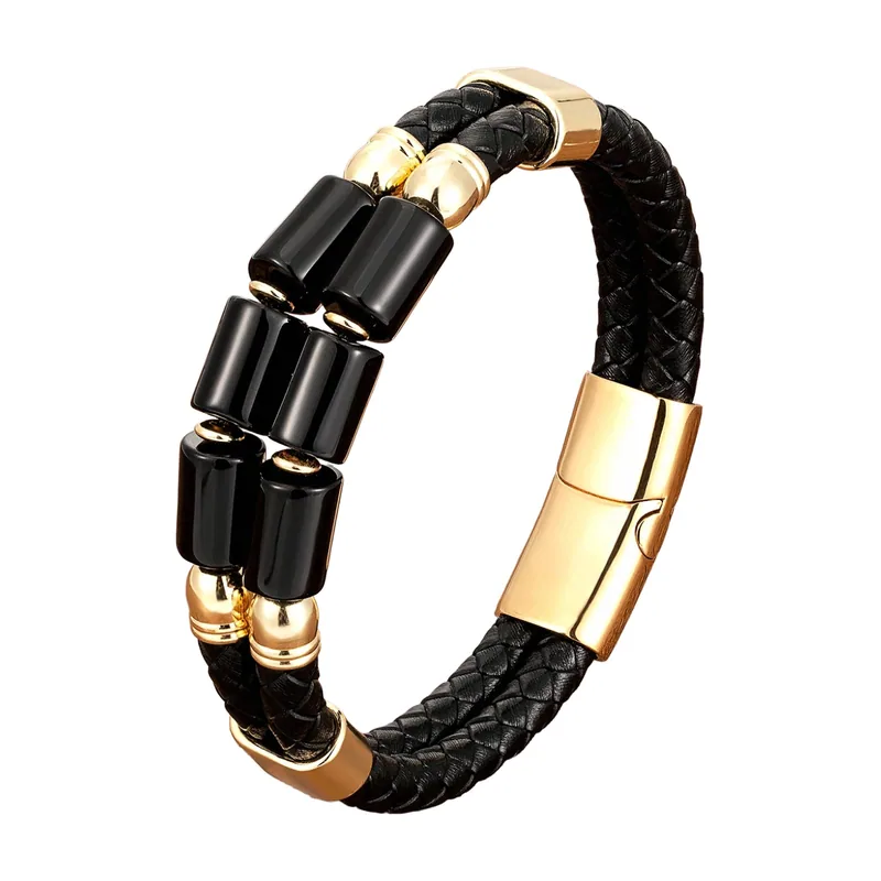 Braided Leather Bracelet with Black Stones and Gold Tone Stainless Steel