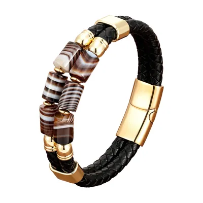 Bracciale in pelle intrecciata con perle di pietra naturale, acciaio inossidabile