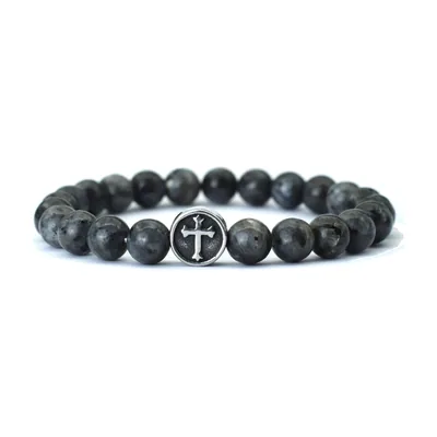 Bracelet en perles avec motif Croix, Acier Inoxydable 316L et pierre noire