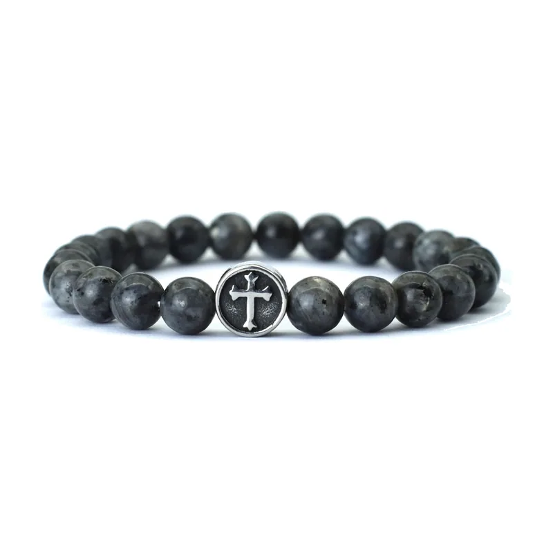 Bracciale a perline con motivo Croce, Acciaio Inossidabile 316L e pietra nera