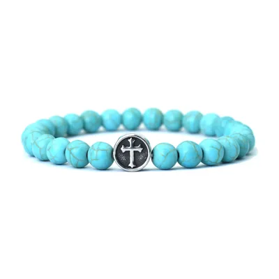 Bracelet en perles avec charme croix, pierre bleue, acier inoxydable