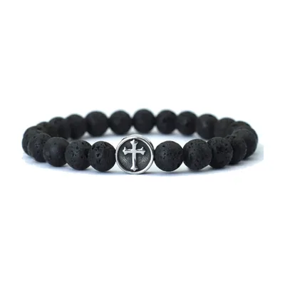 Bracelet en perles avec croix et pierre de lave, acier inoxydable 316L