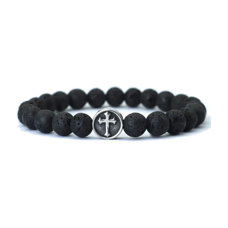 Bracciale con croce e perle di lava, acciaio inossidabile 316L