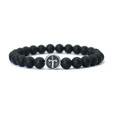 Bracelet en perles avec motif Croix, Onyx noir mat et acier inoxydable