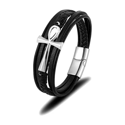Pulsera Wrap Símbolo Ankh de Cuero Trenzado y Acero Inoxidable