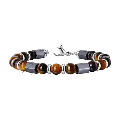Beaded Bracelet with Tiger Eye Stones, 316L Stainless Steel