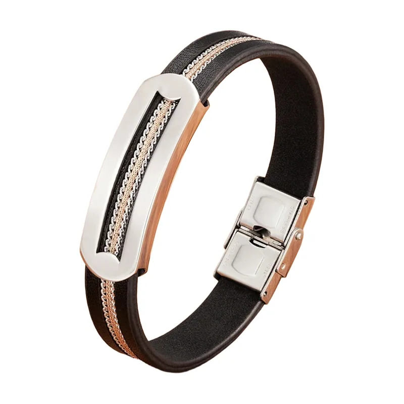 Pulsera de cuero trenzado con placa de acero inoxidable
