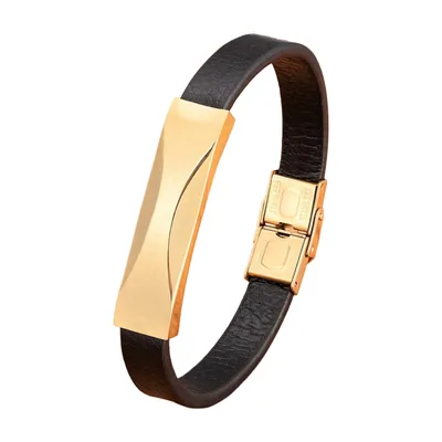 Bracelet en cuir avec plaque en acier inoxydable doré