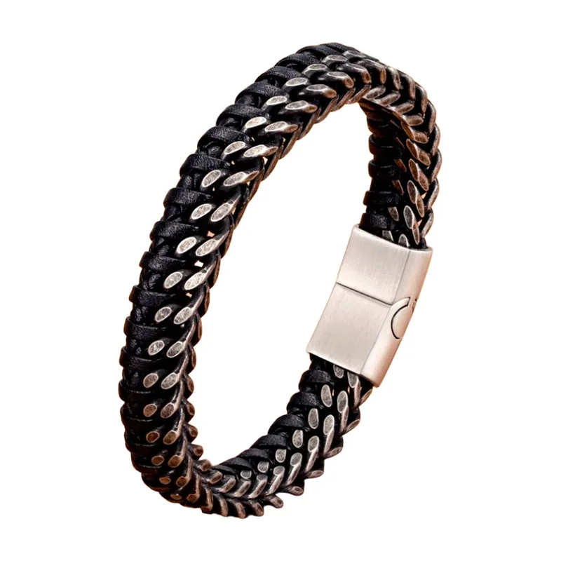 Bracciale in pelle intrecciata con dettagli in acciaio 316L