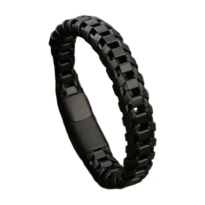 Braided Leather Bracelet with 316L Stainless Steel, Matte Black