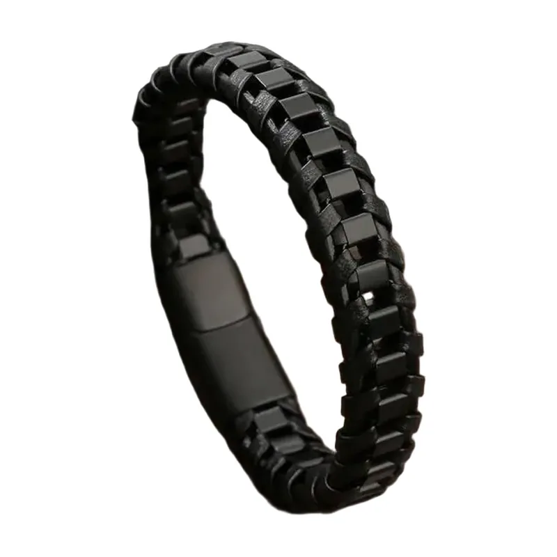 Braided Leather Bracelet with 316L Stainless Steel, Matte Black