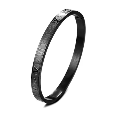 Bracelet Jonc Chiffres Romains, Acier Inoxydable Noir Mat